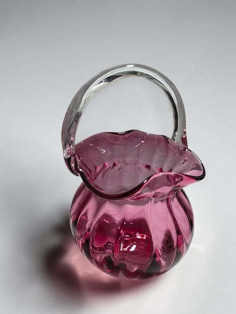 Vntg Pilgrim Art Glass Cranberry Ribbed Basket & Pitcher Set with Clear Handles